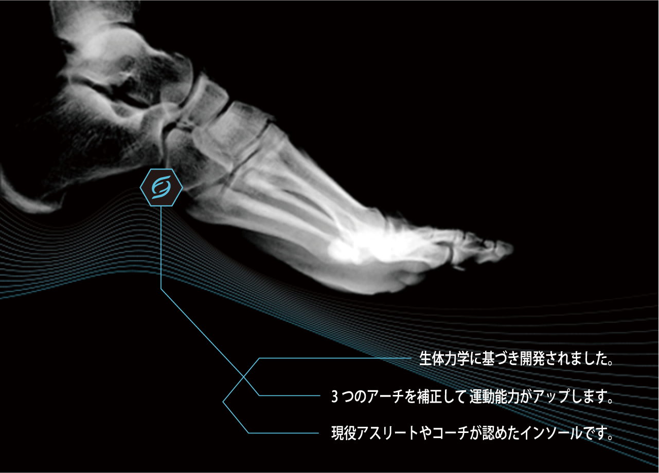 生体力学に基づき開発されました。3つのアーチを補正して運動能力がアップします。現役アスリートやコーチが認めたインソールです。