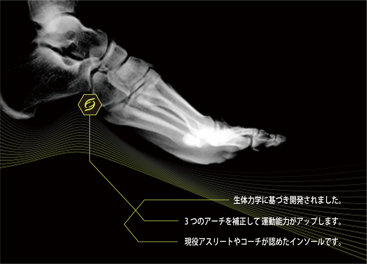 生体力学に基づき開発されました。3つのアーチを補正して運動能力がアップします。現役アスリートやコーチが認めたインソールです。